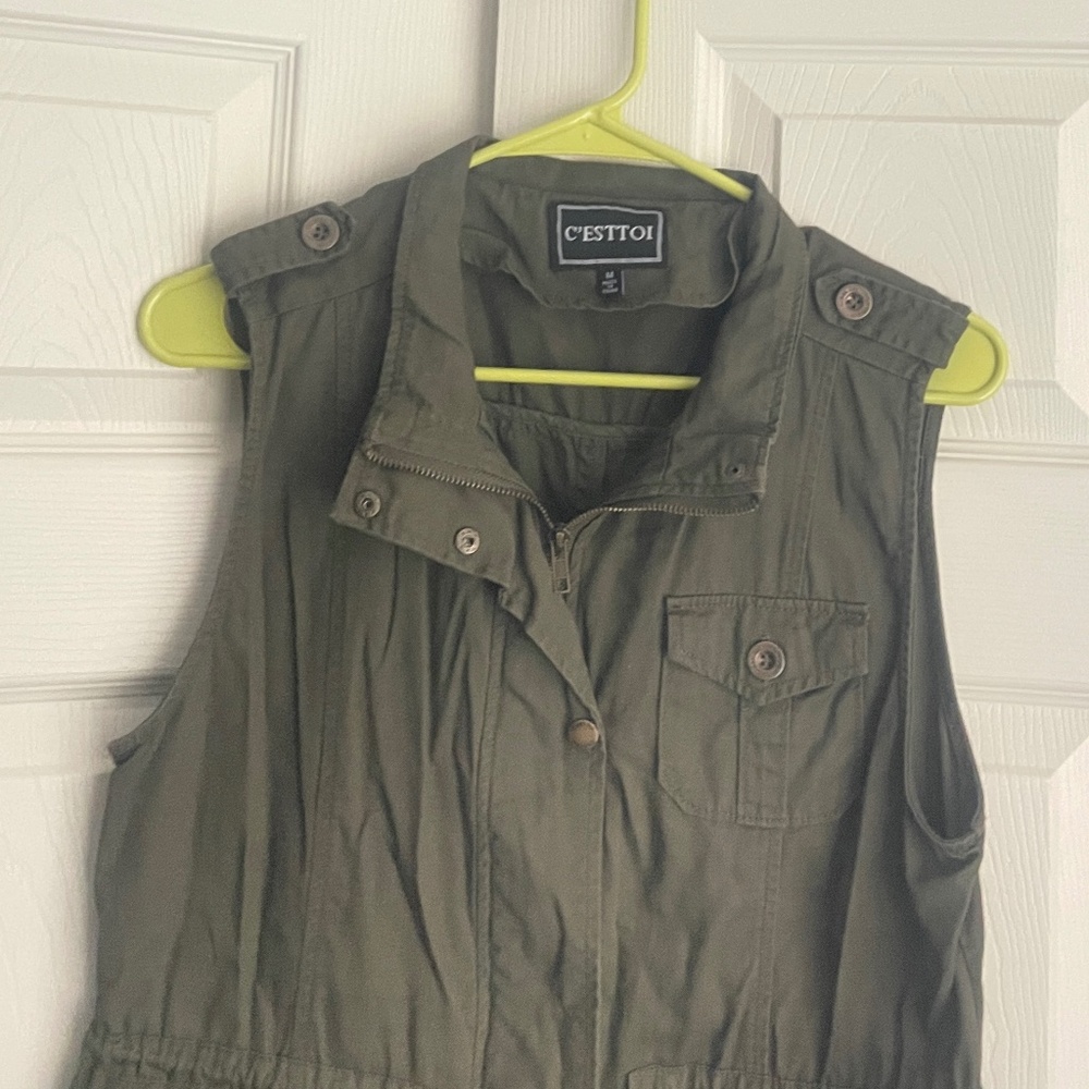 C'estToi women's olive green Utility Style Long Vest - Size M. #410 - Picture 2 of 13